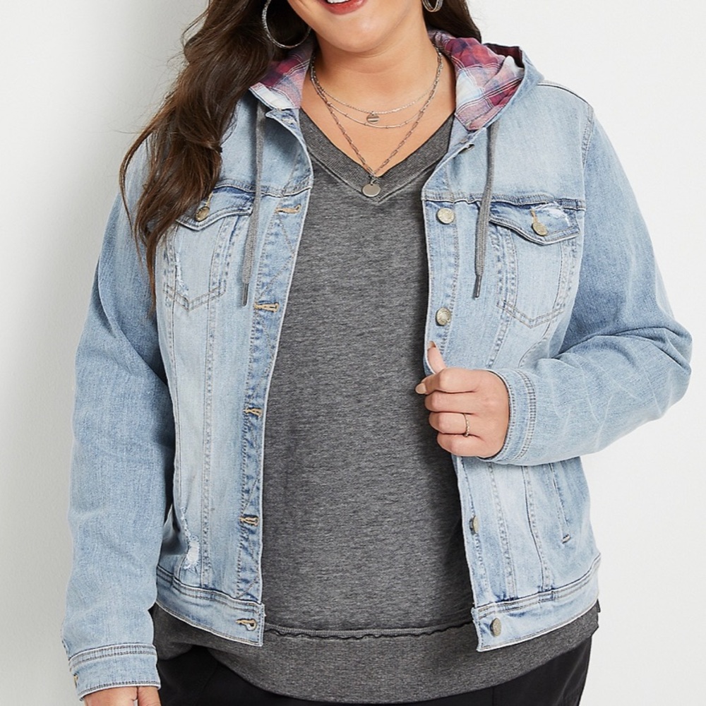 NWOT - Maurices Plus Size Vintage Plaid Hooded Denim Jacket